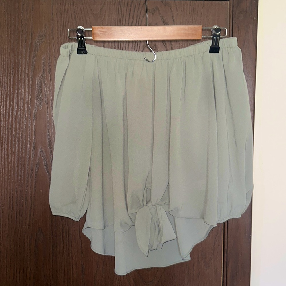 Off-the-shoulder, light olive green shirt